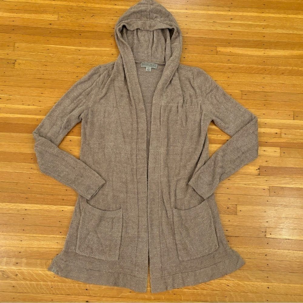 Barefoot Dreams Cozy Chic Lite Hooded Tan Super Soft Long 2 pocket Cardigan